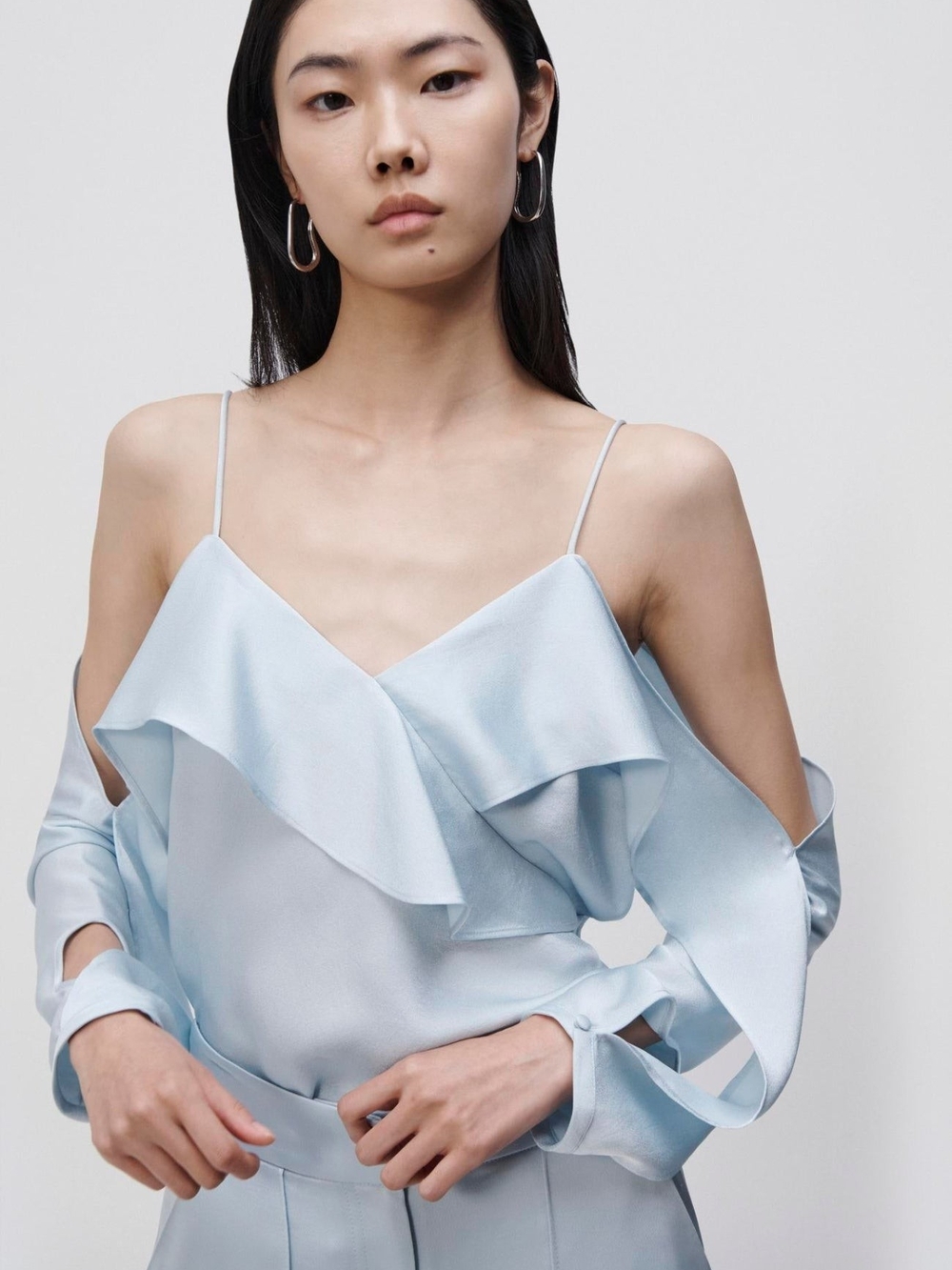 NWT Jonathan Simkhai Diane Satin Off Shoulder Top in Light Sky, Size S